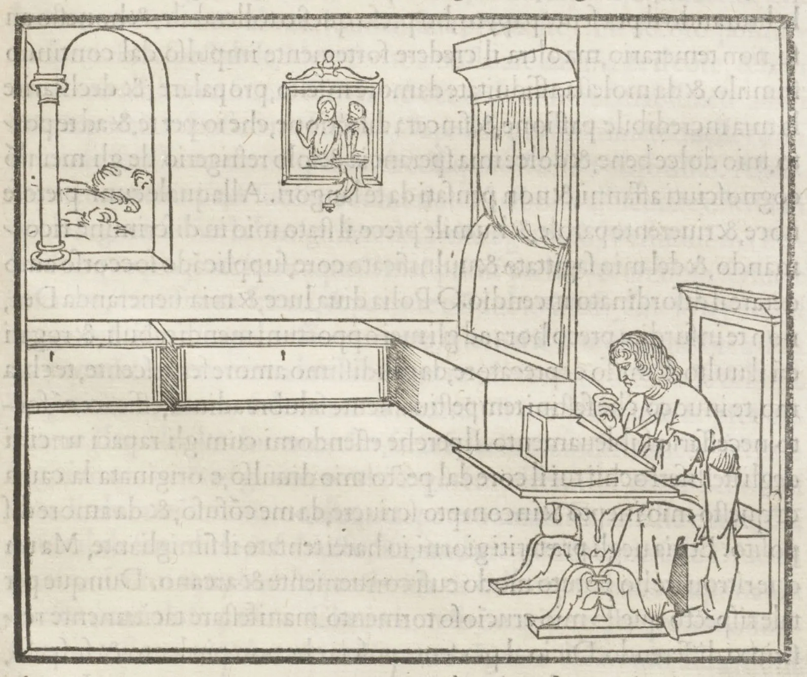 Woodcut of a man sitting at a writing desk, from the Hypnerotomachia Poliphili (1499).