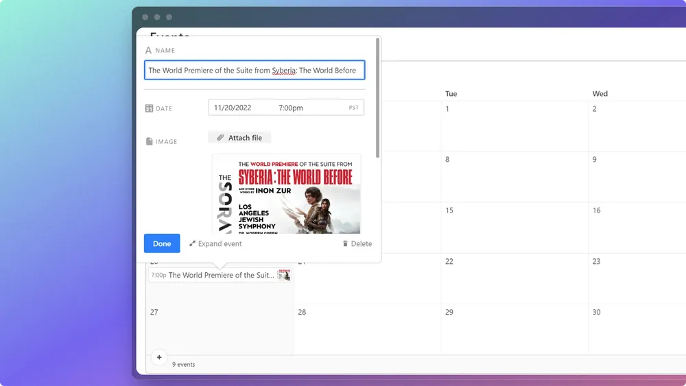 Screenshot of Airtable interface calendar widget on gradient background.