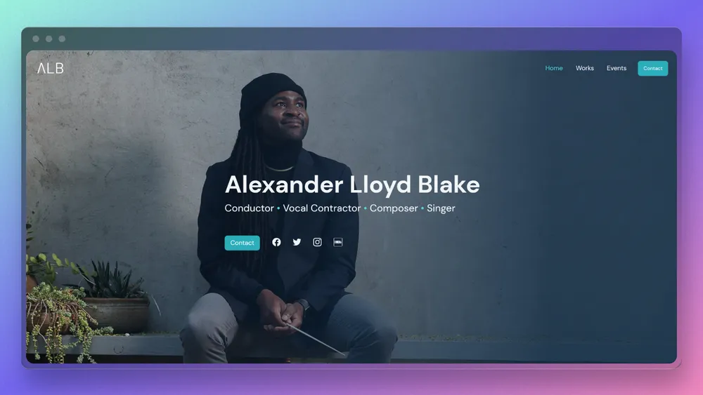 Screenshot of home page hero section on gradient background; web page title reads 'Alexander Lloyd Blake: Conductor, Vocal Contractor, Composer, Singer'.