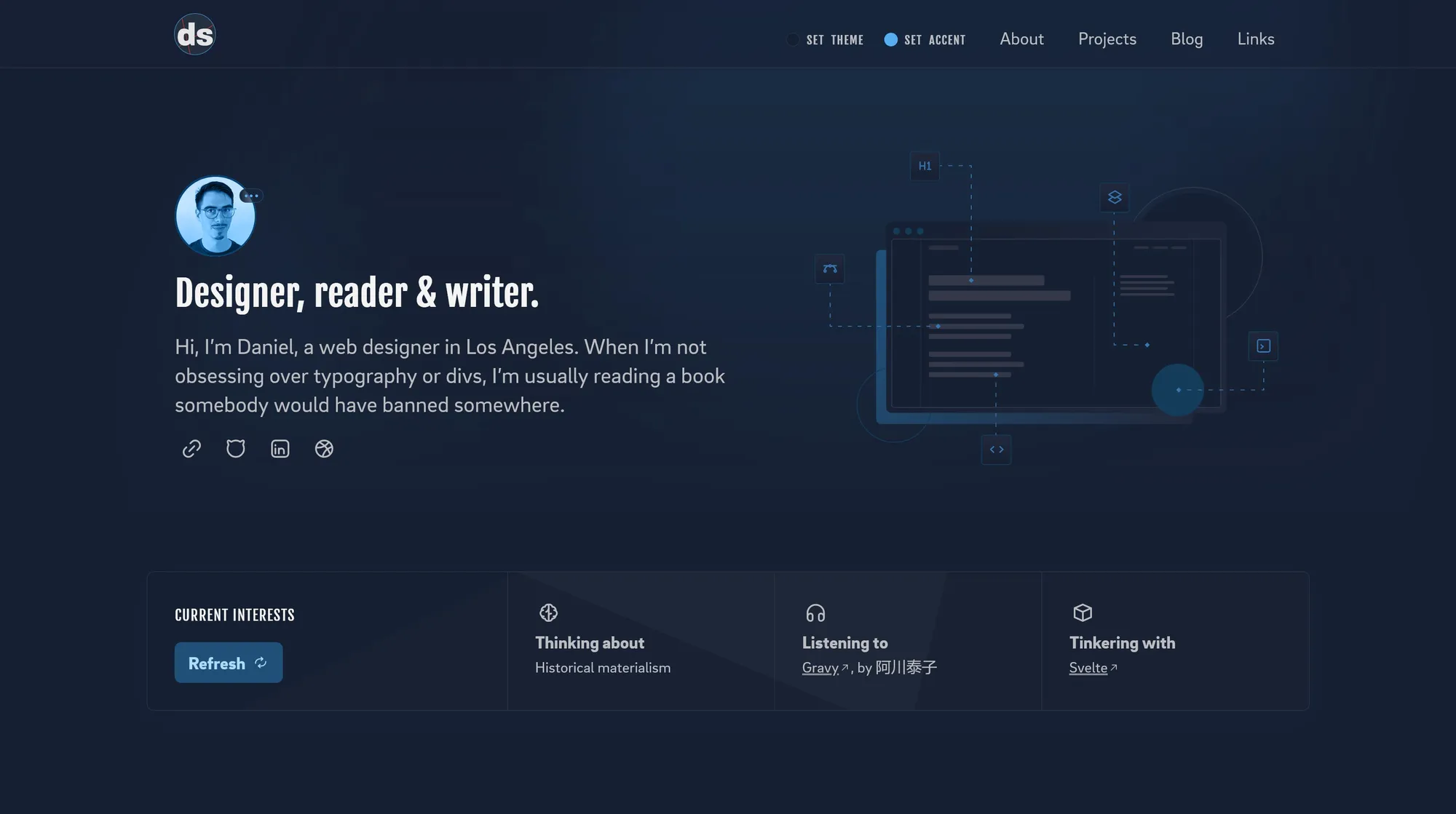 Home screen of my new site design, a dark theme with an blue accent. The main heading says 'Designer, reader, and writer' and the main focus is a box that shows various current interests.