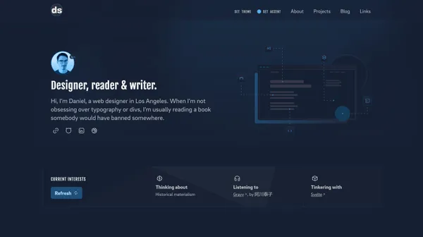 Home screen of my new site design, a dark theme with an blue accent. The main heading says 'Designer, reader, and writer' and the main focus is a box that shows various current interests.