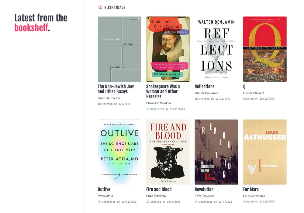 Section of my new site showing book covers from my latest reading activity.