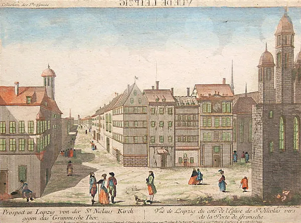 Copperplate print showing perspective view of Nikolaikirche, Leipzig.