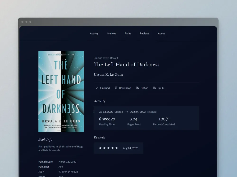 Dark-themed app dashboard showing the cover, book information, and reading activity stats for the book Left Hand of Darkness by Ursula K. Le Guin.