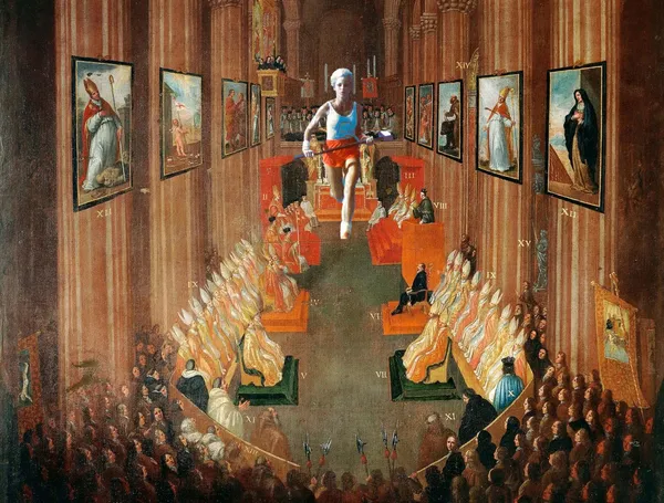 Opening session of the Council of Trent in 1545, depicted by Nicolò Dorigati, 1711, with runner from Apple's 1984 commercial superimposed over the altar.