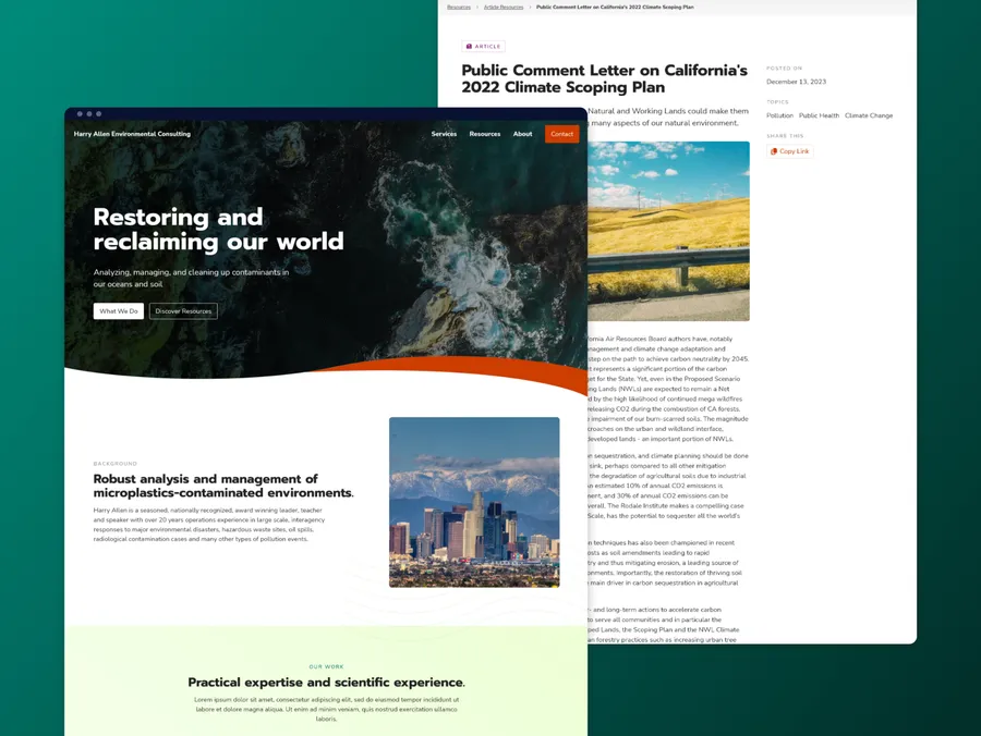Home screen of Harry Allen Environmental Consulting. A color scheme of greens of oranges, and a main heading that says 'Restoring and reclaiming our world.'