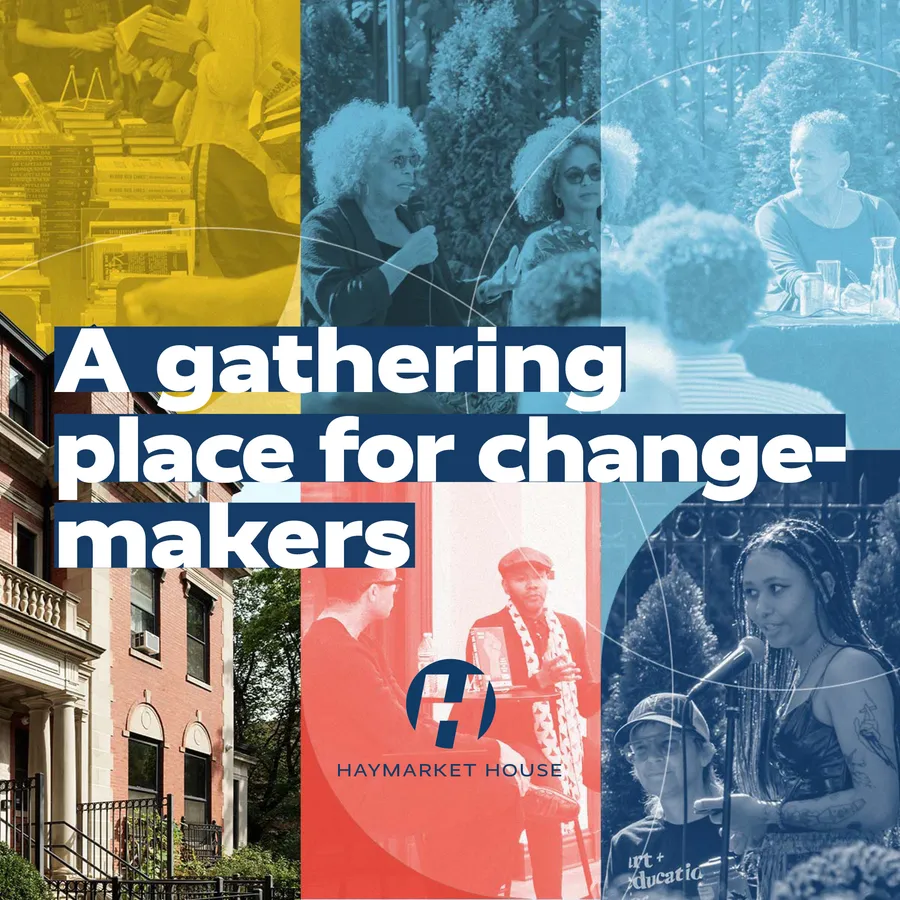 A collage of many colors and images of community organizing and activism, with the main heading 'A gathering place for change makers.'
