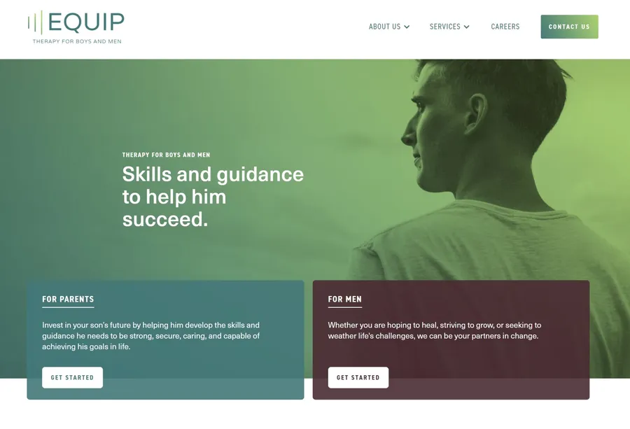 Home screen of Equip website. A color scheme of gradient greens and brown, and a main heading that says 'Skills and guidance to help him succeed.'
